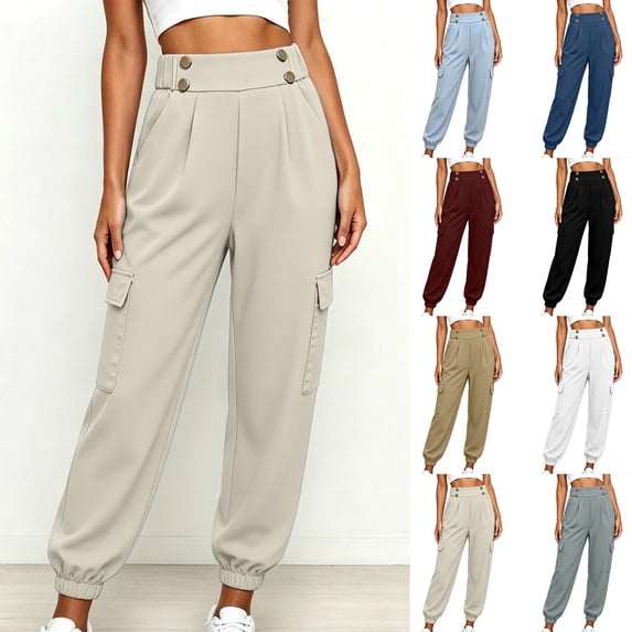 Elvqul Womens Cargo Pants with Multi Pockets, High Waisted Joggers Elastic Waist Button Quick Dry Casual Baggy Relaxed Fit Athletic Pants for Hiking Climbing Workout