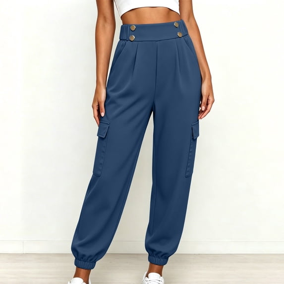 Elvqul Womens Cargo Pants with Multi Pockets, High Waisted Joggers Elastic Waist Button Quick Dry Casual Baggy Relaxed Fit Athletic Pants for Hiking Climbing Workout