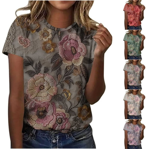 Elvqul Womens Casual Blouses under 5 T Shirts Graphic Short Sleeve Trendy Loose Fit Tops for Ladies Crew Neck