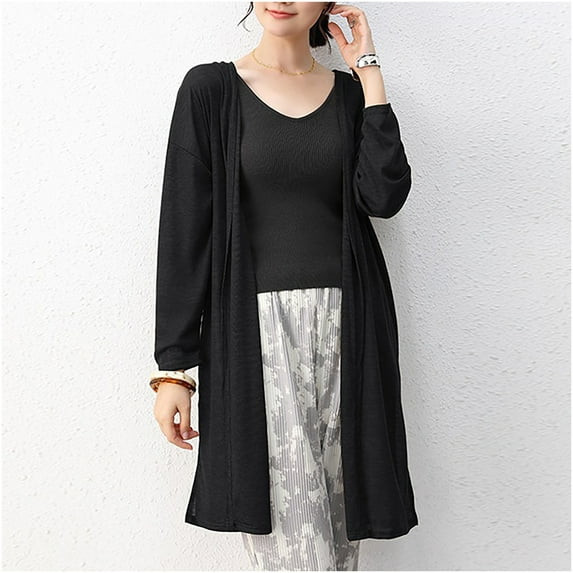 Elvqul Womens Casual Cardigan Thin Lightweight Sweaters Solid Color Winter Long Sleeve Long Coats for Women