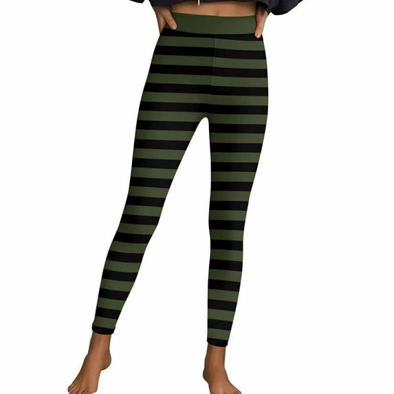 Elvqul Womens Casual Leggings Pants Green Striped Pants Athletic Workout Stretch Leggings for Ladies