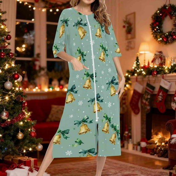 Elvqul Womens Casual Nightgowns Christmas Loungewear Trendy 3/4 Sleeve Pajamas for Women