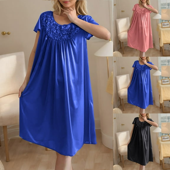 Royisotas Womens Casual Nightgowns Dark Blue Lace Nightdress Plus Size Silky Sleeveless House Wear for Juniors