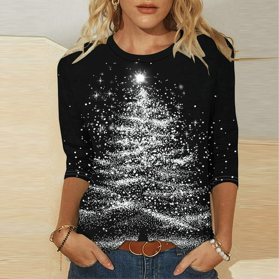 Elvqul Womens Christmas Blouses 3/4 Sleeve Shirts Pullover Fashion Crewneck Loose Funny Tops for Women