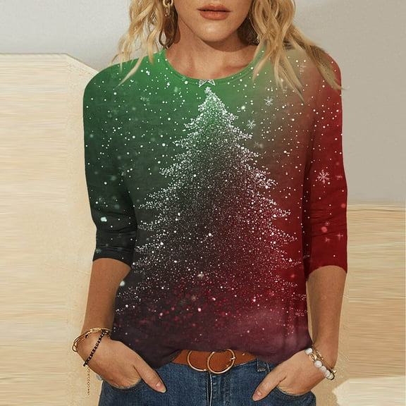 Elvqul Womens Christmas Shirts Casual Tops Plus Size Winter Crewneck Shirts for Women Print