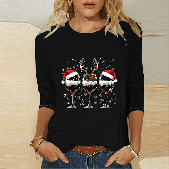 Elvqul Womens Christmas Tops Dressy Shirts Cute 3/4 Sleeve Loose Pullover Blouses for Women Crewneck
