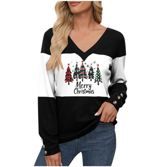 Elvqul Womens Christmas Tops Fashion Shirts Long Sleeve Patchwork Pullover Funny Blouses for Women Black
