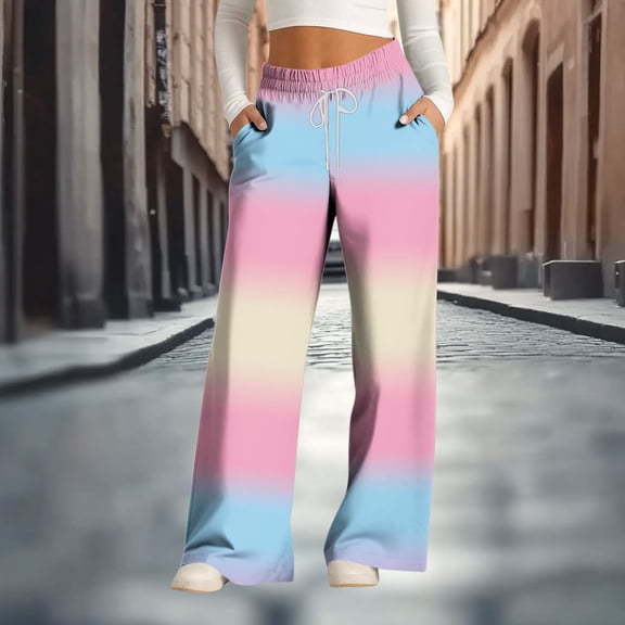 Elvqul Womens Classic Pants Gradient Sweatpants with Pockets Elastic Waist Winter Baggy Wide Leg Bottoms for Juniors