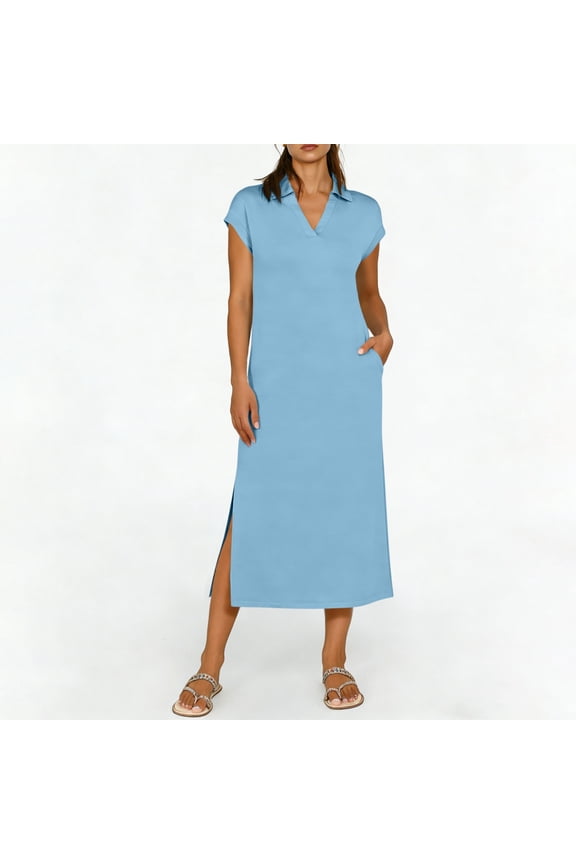 Womens Collared Long Dresses Short Sleeve Sundresses Summer Pullover Side Slit Tunic Light Blue Plain A-Line Dresses for A-Line