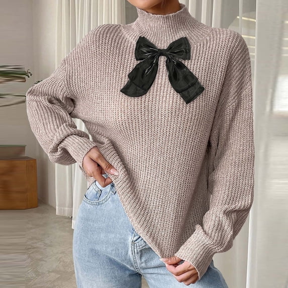 Hipattires Womens Comfortable Sweaters Bow Print Thick Warm Pullover Knitted Thickness Beige Blouse for Women Long Sleeve
