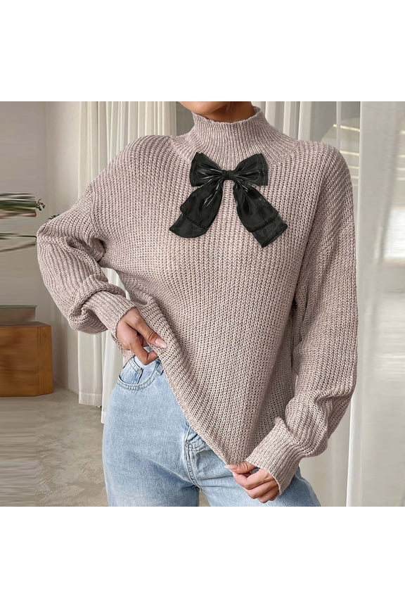 Womens Comfortable Sweaters Bow Print Thick Warm Pullover Knitted Thickness Beige Blouse for Women Long Sleeve