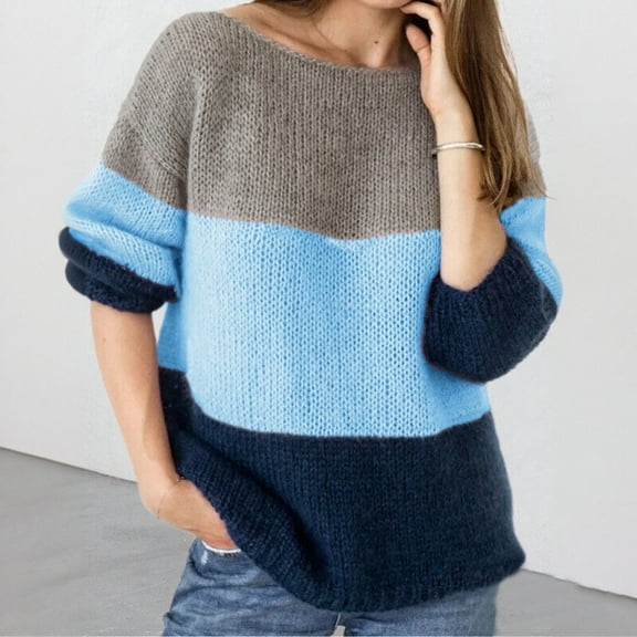 Hipattires Womens Comfy Sweaters Sweaters Knitted Pullover Striped Thick Warm Tops Skinny Blue Winter Trendy Blouse for Women