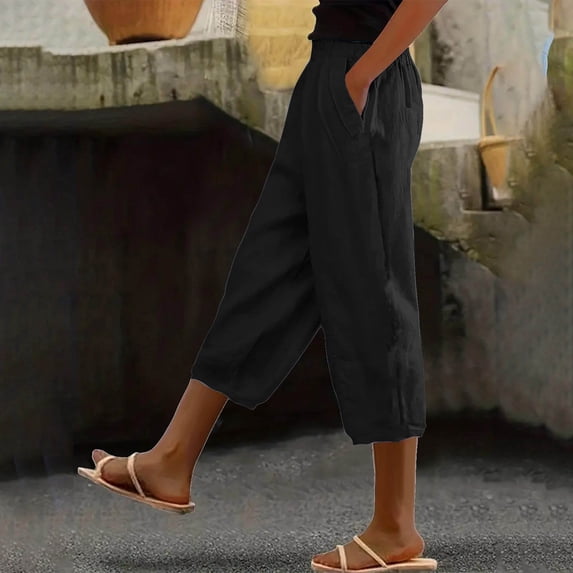 Elvqul Womens Cotton Linen Capris With Pockets Pull on Solid Trendy Womens Capris for Summer Black S