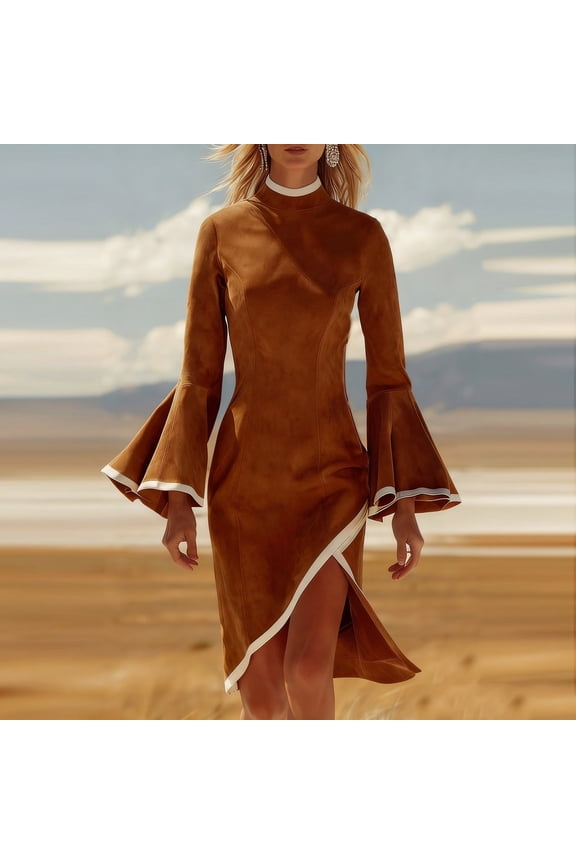 Womens Crew Neck High-Low Dresses Long Sleeve Dresses Brown Tunic Side Slits Asymmetrical Pullover A-Line Dresses for Solid