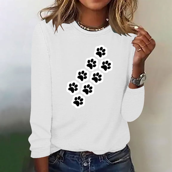 Elvqul Womens Crew Neck Shirts Loose Tops Long Sleeve Casual Dog Paw Print Shirts for Ladies Comfortable