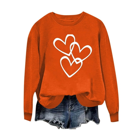 Elvqul Womens Crew Neck Sweatshirts Orange Graphic Fashion Under $10 Tops Loose Fit Long Sleeve Sweater Fleece Sweatshirts