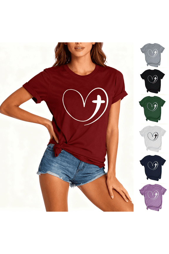 Womens Crew Neck T-Shirts Cotton Short Sleeve Under $5 Tops Gray Print Fashion Pullover T-Shirts