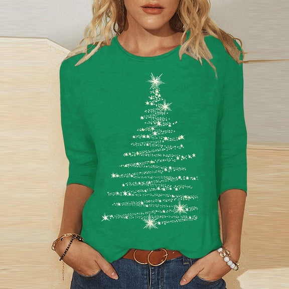 Elvqul Womens Crew Neck Tops Going Out Blouses 3/4 Sleeve Christmas Tree Printed Pullover Tops for Women Christmas