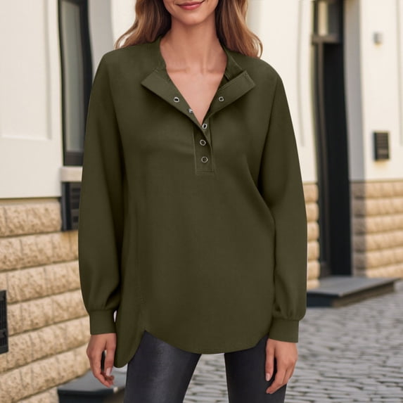 Elvqul Womens Crew Necks Sweatshirt Button Down Casual Sweatshirts Pullover Green Fashion Long Sleeve Hoodless Hoodies for Women Plain