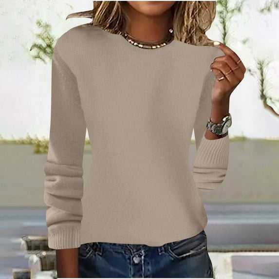 Elvqul Womens Crew neck Sweaters Holiday Pullover Khaki Thickness Warm Sweaters for Women Long Sleeve