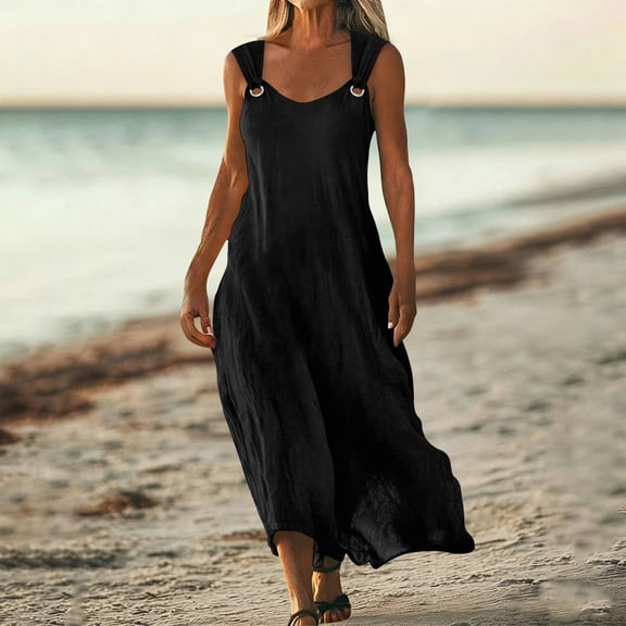 Elvqul Womens Crewneck Dresses Dresses Pullover Long Plain Summer Tunic Dresses for Women Sleeveless