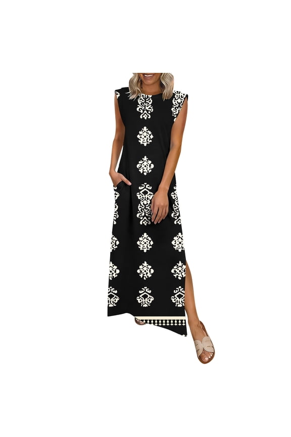 Womens Crewneck Maxi Dresses Pullover Dresses Sleeveless Side Slits Color Block Shirt Dresses for Tunic