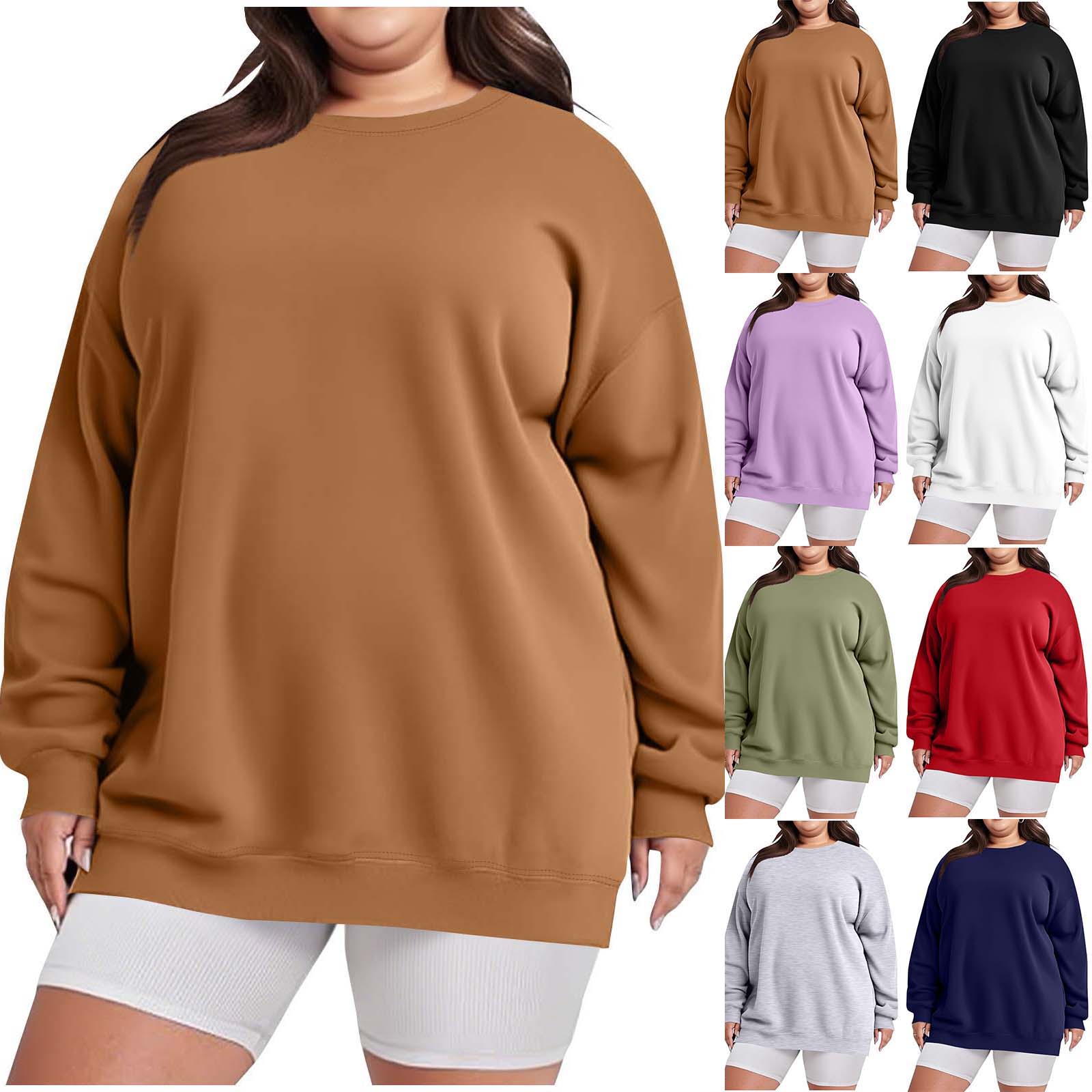 Womens Crewneck Sweatshirts Brown Tunic Plus Size Oversized Fleece Pullover Tops for Ladies