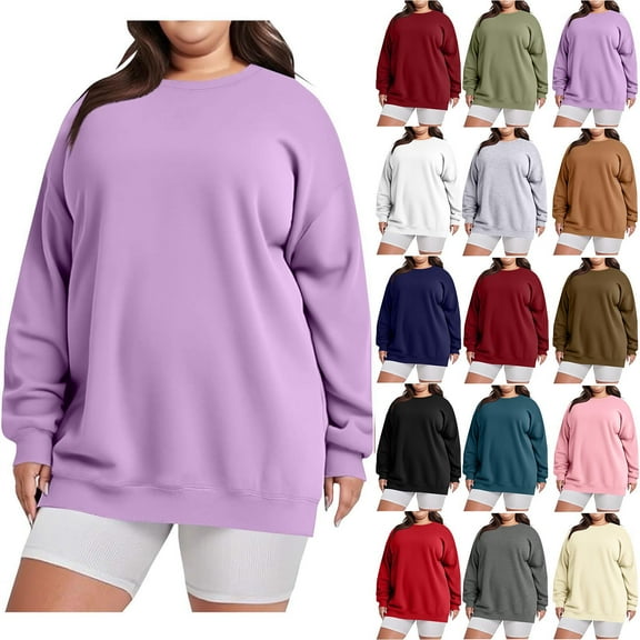 Elvqul Womens Crewneck Sweatshirts Pullover Loose Plus Size Purple Lightweight Tops for Women Fashion