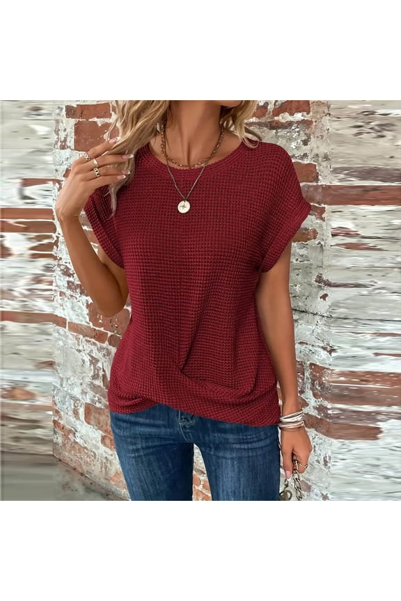 Womens Crewneck Tops Wine Short Sleeve Blouses Spring Summer Pullover Waffle Knit Dressy Casual Shirts for Juniors Plain