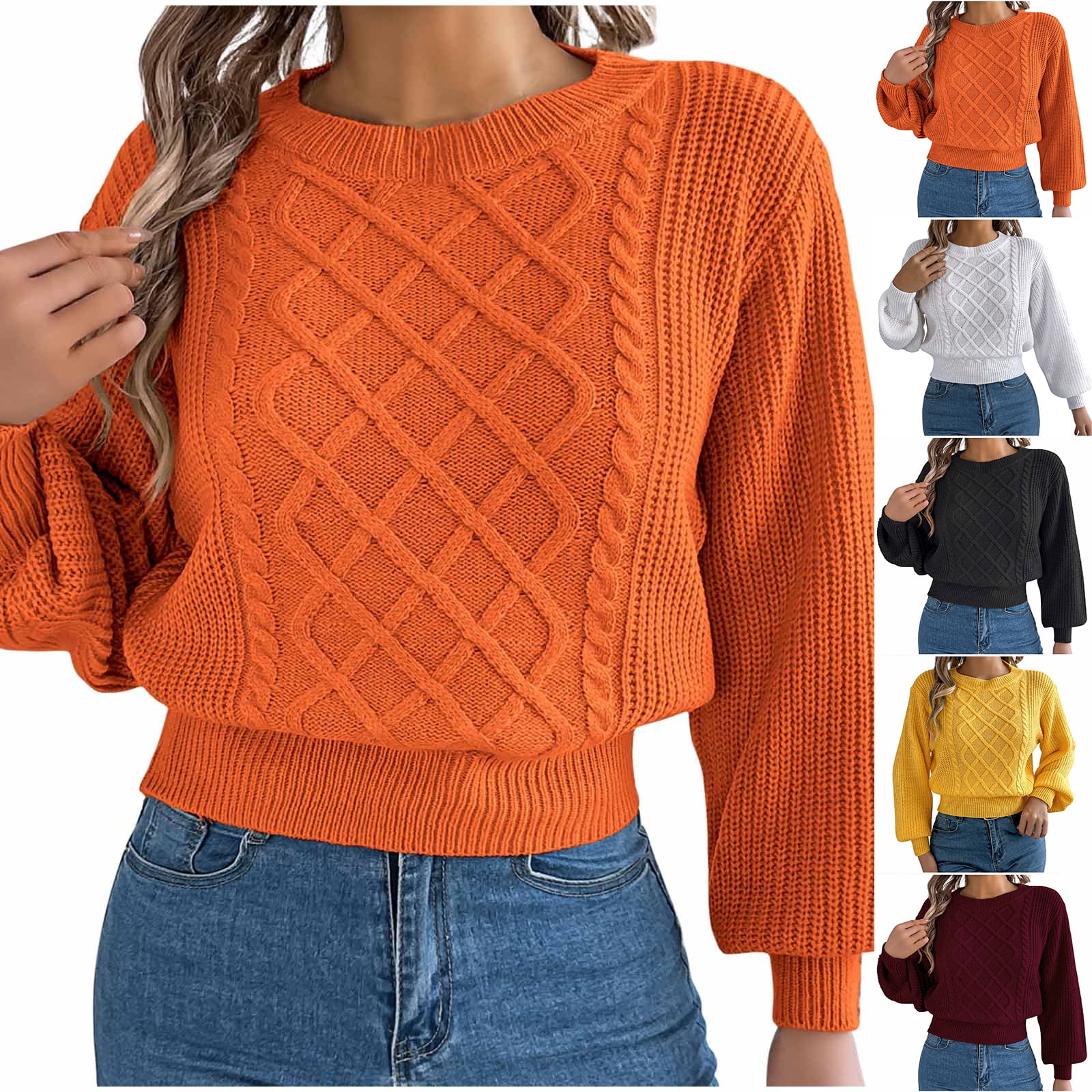 Hipattires Womens Cropped Sweaters Solid Color Orange Pullover Thick