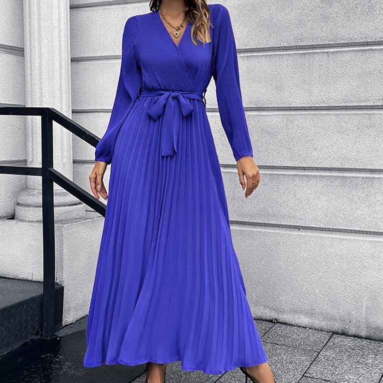 winter dresses a line Elvqul Womens Blue Pleated Dress Belted Slim Fashion Long Sleeve Maxi Dress for Women V Neck, Women's, Size: Small(US:4) dresses in winter