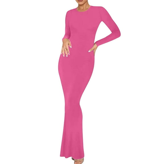 Elvqul Womens Dresses Casual Dress Hot Pink Long Sleeve Party Crew Neck Maxi Dresses for Ladies Slim Slit