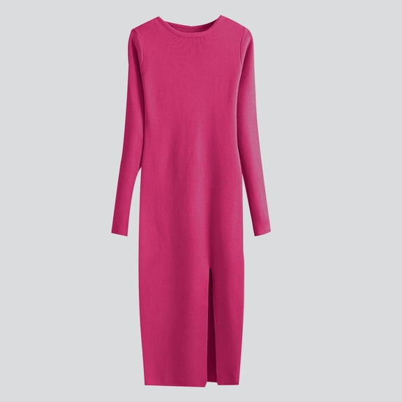 Elvqul Womens Dresses Cotton Winter Long Dress Tunic House CrewNeck Long Sleeve Solid Color Sweater Dresses for Ladies Knit