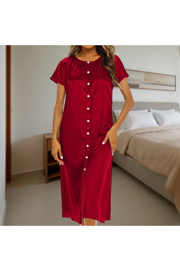 Womens Dresses Crewneck Midi Dresses Red Solid Short Sleeve Summer Dresses for Women