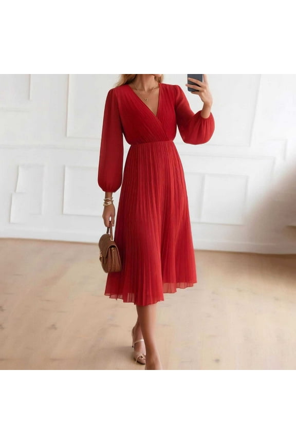 Womens Dresses Evening Pleated Dress Red House Winter V Neck Midi Dresses for Women Solid Color
