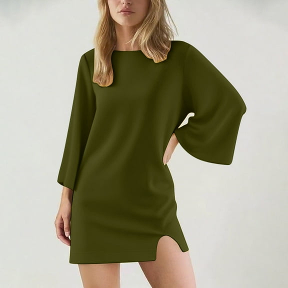 Elvqul Womens Dresses Green Slim Fit Dress Casual Long Sleeve House CrewNeck Midi Dresses for Women Loose