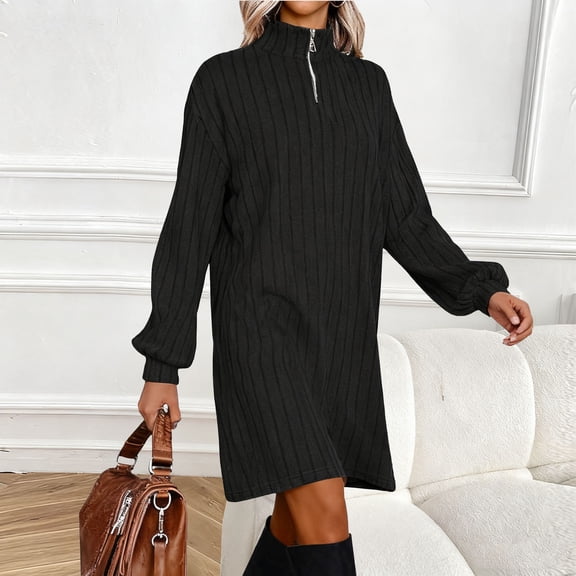 Elvqul Womens Dresses Long Sleeve V Neck Dresses for Women Plus Size Plain Zippered Long Dresses Black Trendy