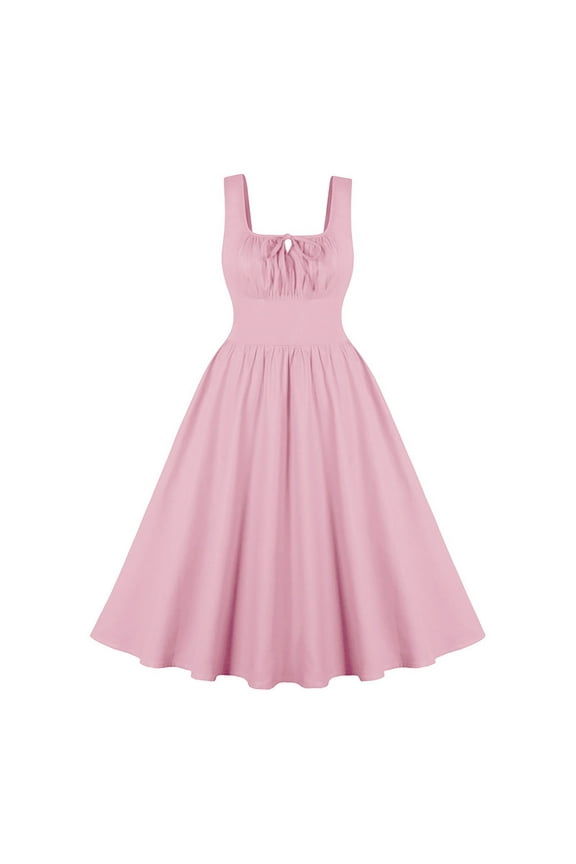 Womens Dresses Pink Summer Solid Fashion Midi Sun Dress Sleeveless Mid-Length for wedding