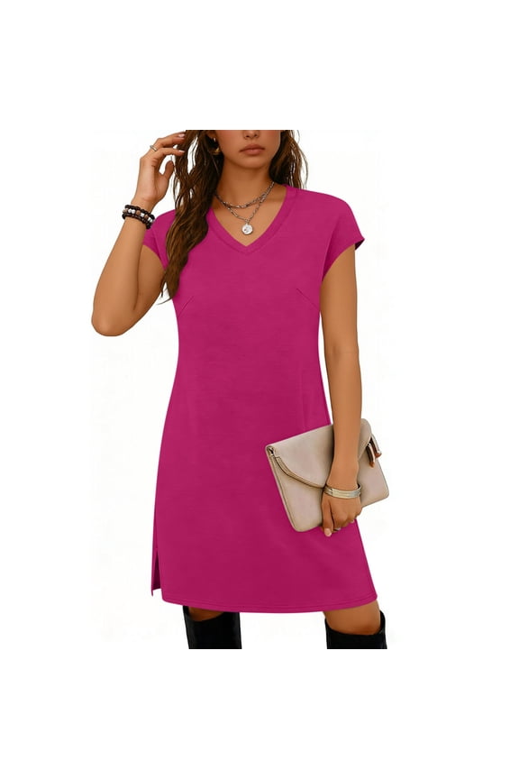 Womens Dresses Short Sleeve Mini Dresses V Neck Hot Pink Summer Solid Dresses for Juniors