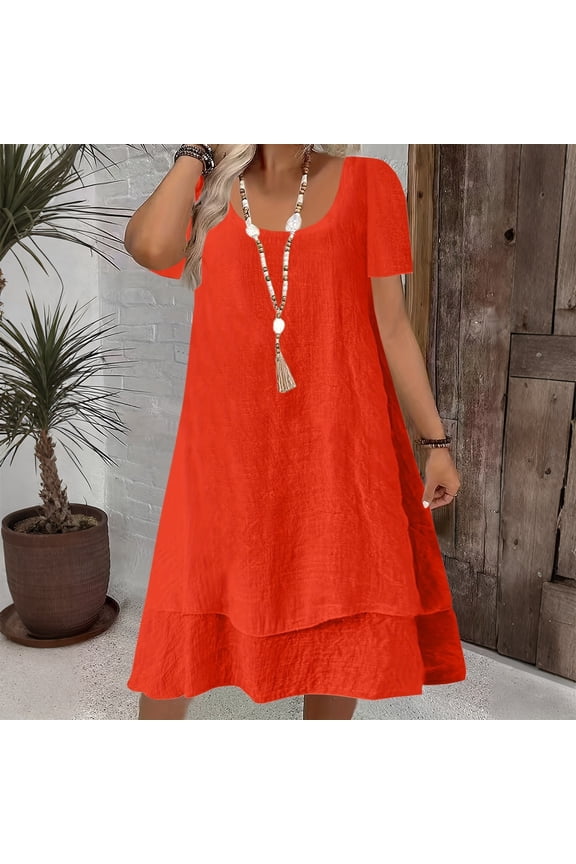 Womens Dresses Short Sleeve Scoop Neck Dresses for Women Plus Size Solid Pullover Long Dresses Orange Trendy