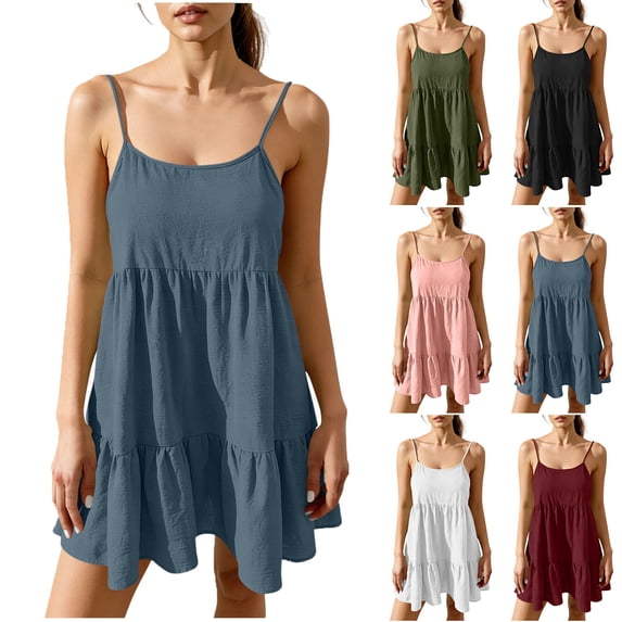 Elvqul Womens Dresses Square Neck Mini Dresses Flowy Summer Plain Navy Sleeveless Pleated Cami Dresses for Women Spaghetti Strap