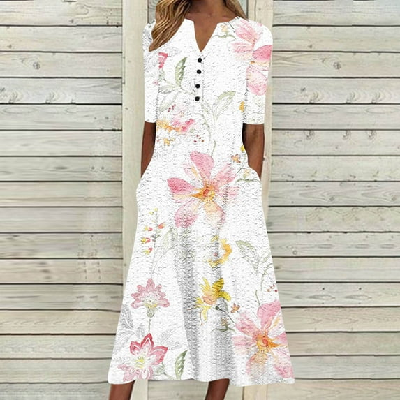 Elvqul Womens Dresses V-Neck Maxi Pink Summer Short Sleeve Vacation Graphic Vacation Dresses