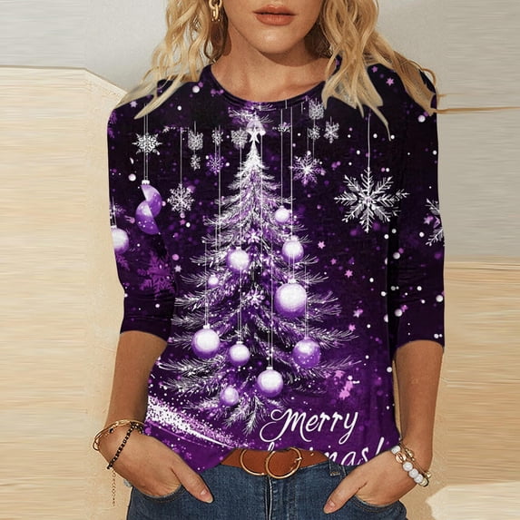 Elvqul Womens Dressy Shirts Tops Plus Size Christmas Print 3/4 Sleeve Shirts for Ladies Crewneck