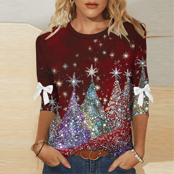 Elvqul Womens Dressy Tops Plus Size 3/4 Sleeve Shirts Red Oversized Crewneck Christmas Pullover Blouses for Juniors Funny