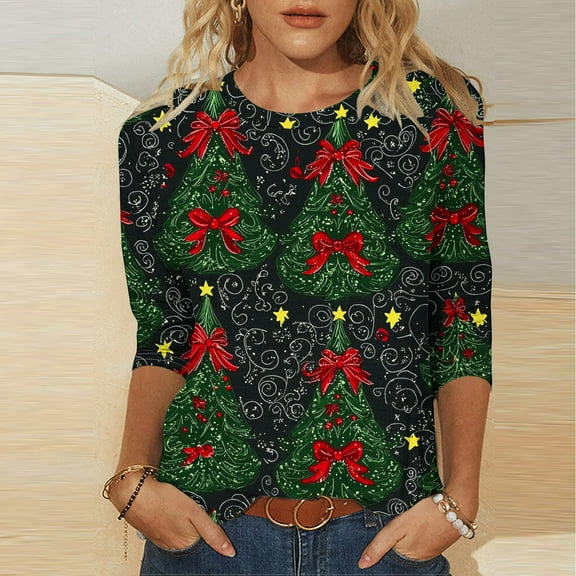 Elvqul Womens Dressy Tops T Shirts Christmas Green Loose Crewneck Funny Blouses for Women 3/4 Sleeve