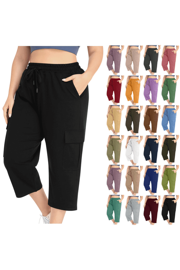 Womens Plus Size Capris with Pockets Summer Soft Baggy Casual Elastic Waist Cargo Pants Black Size 5XL