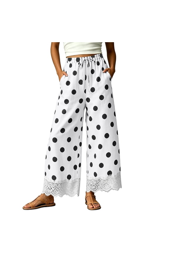Womens Elastic Waist Pants Winter Vintage Sweatpants with Pockets Polka Dot Bottoms for Women Loose
