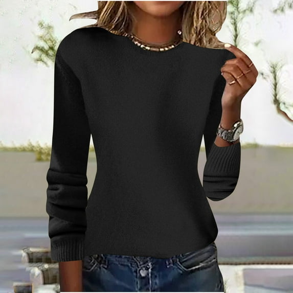 Vetsdori Womens Fashion Sweaters Pullover Round Black Warm Solid Color Thickness Sweaters for Women Long Sleeve