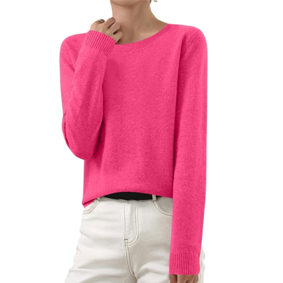 Vetsdori Womens Fashion Sweaters Solid Crewneck Pullover Soft Hot Pink Warm Long Sleeve Sweaters for Women
