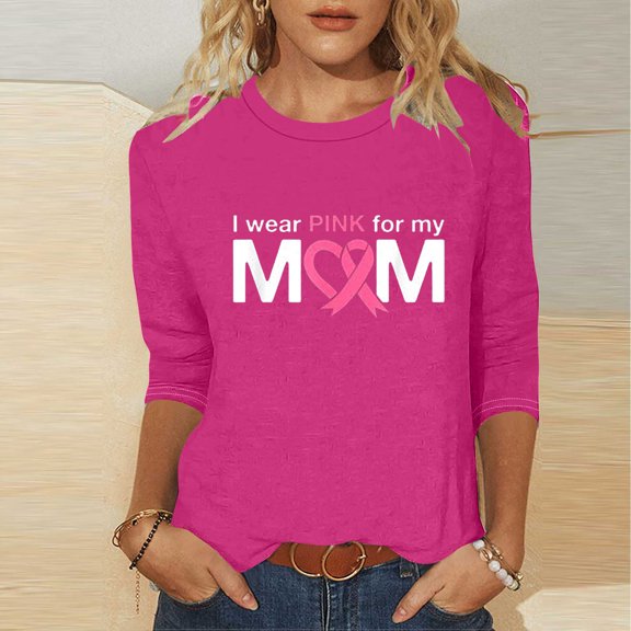 Elvqul Womens Fashionable Tops Blouses 3/4 Sleeve Pullover Breast Cancer Graphic Versatile Tops for Ladies Crew Neck